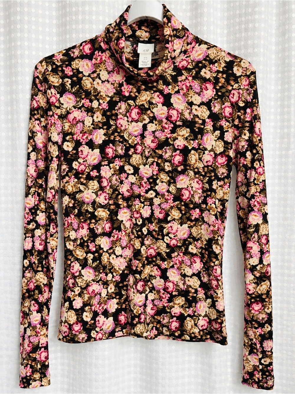 H&M Black Floral Long-Sleeve Mock Neck Top — Pink & Cream Roses